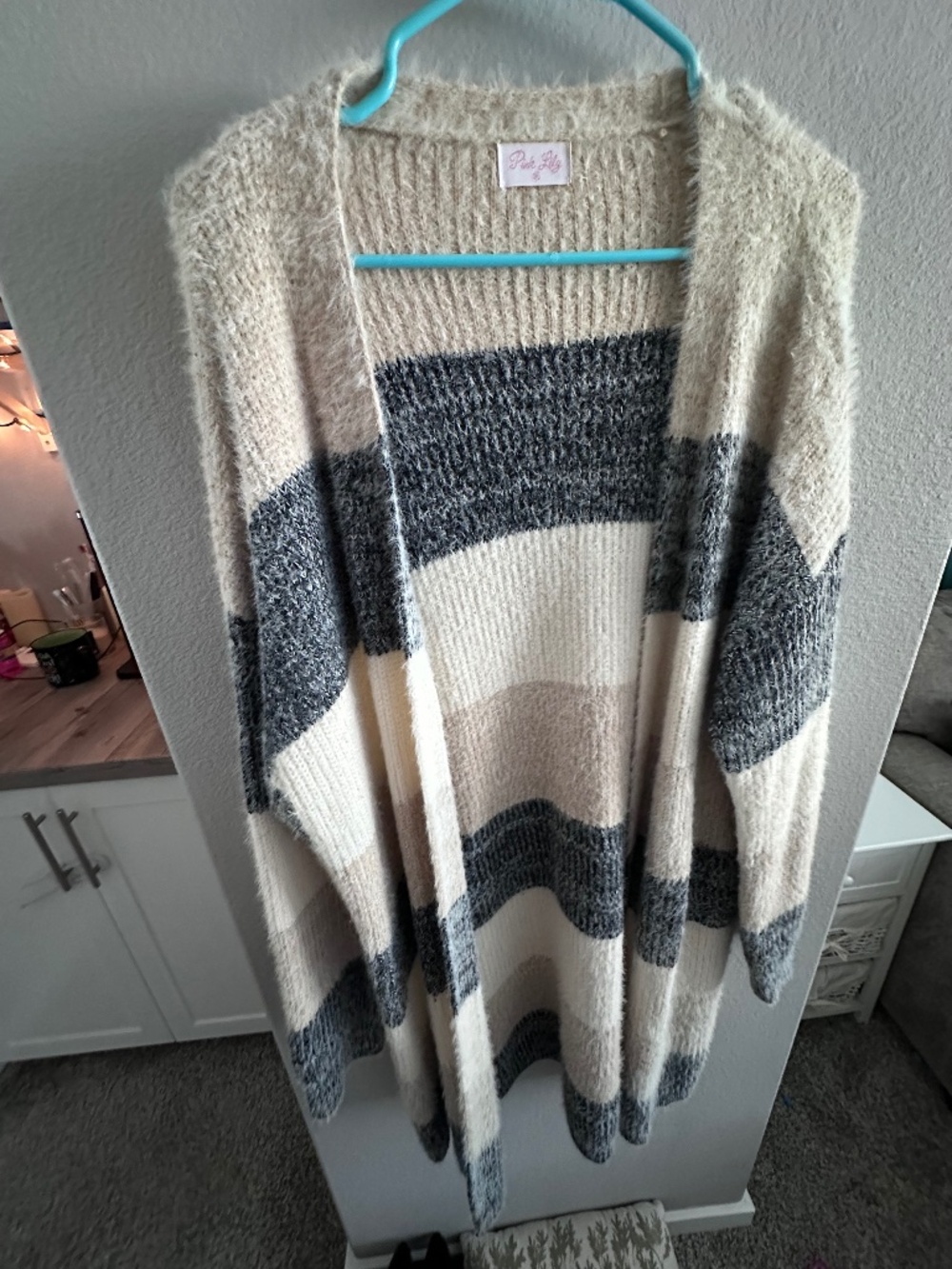 Pink Lily Striped Fuzzy Knit Cardigan Medium